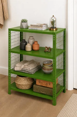 4 Katlı Renkli Tel Kafesli Dekoratif Çelik Raf - Çiçeklik rafı, Ofis Rafı 0,70 mm Yeşil-31x60 cm-150 cm