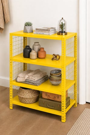 4 Katlı Renkli Tel Kafesli Dekoratif Çelik Raf - Çiçeklik rafı, Ofis Rafı 0,70 mm Kırmızı-31x60 cm-250 cm