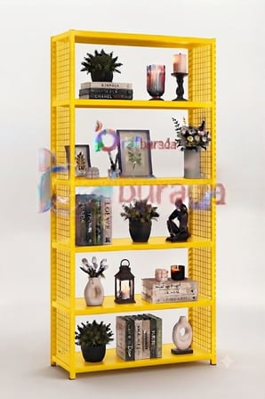 6 Katlı Renkli Tel Kafesli Dekoratif Çelik Raf - Çiçeklik rafı, Ofis Rafı 0,70 mm Sarı-31x60 cm-150 cm