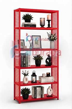 6 Katlı Renkli Tel Kafesli Dekoratif Çelik Raf - Çiçeklik rafı, Ofis Rafı 0,70 mm Kırmızı-59x93 cm-100 cm