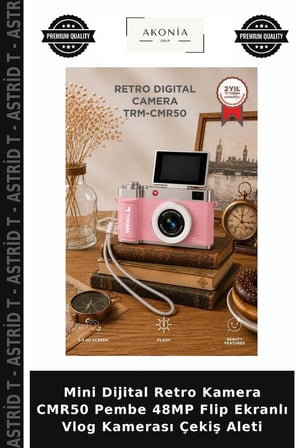 Mini Dijital Retro Kamera CMR50 Pembe 48MP Flip Ekranlı Vlog Kamerası Çekiş Aleti