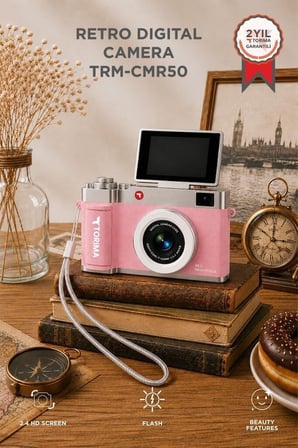 Mini Dijital Retro Kamera CMR50 Pembe 48MP Flip Ekranlı Vlog Kamerası Çekiş Aleti