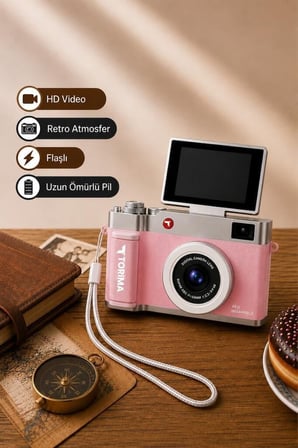 Mini Dijital Retro Kamera CMR50 Pembe 48MP Flip Ekranlı Vlog Kamerası Çekiş Aleti