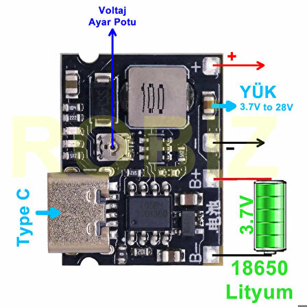TP4056 18650 Lityum Pil Şarj Modül Type C Ayarlı Voltaj Yükseltici Lion Batarya Akü DC 3.7V to 28V 