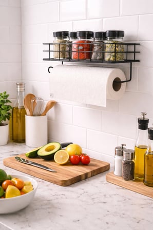Duvara Monte Baharat Rafı ve Kağıt Havluluk | 2’si 1 Arada Metal Mutfak Organizer