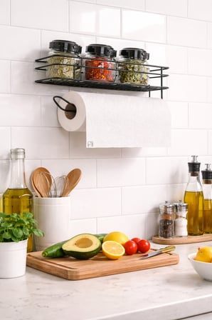 Duvara Monte Baharat Rafı ve Kağıt Havluluk | 2’si 1 Arada Metal Mutfak Organizer