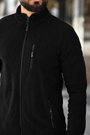 Erkek Siyah Polar Standart Tam Fermuarlı 3 Cepli Erkek Polar