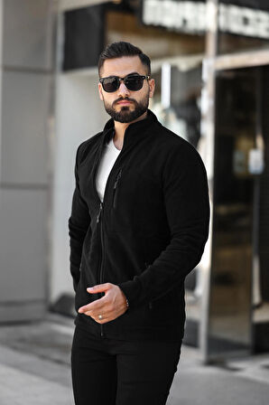 Erkek Siyah Polar Standart Tam Fermuarlı 3 Cepli Erkek Polar