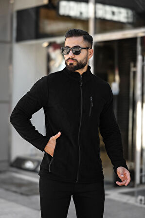 Erkek Siyah Polar Standart Tam Fermuarlı 3 Cepli Erkek Polar