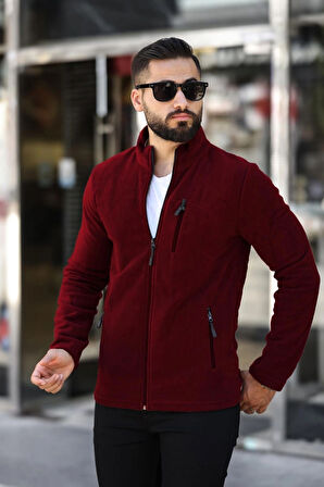 Erkek Bordo Polar Standart Tam Fermuarlı 3 Cepli Erkek Polar
