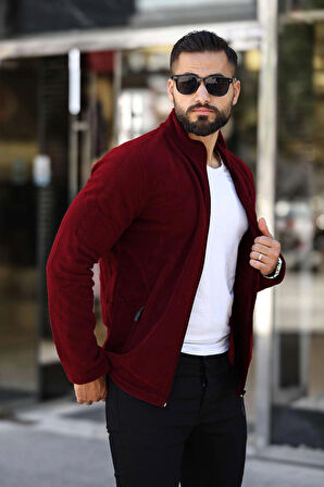 Erkek Bordo Polar Standart Tam Fermuarlı 3 Cepli Erkek Polar