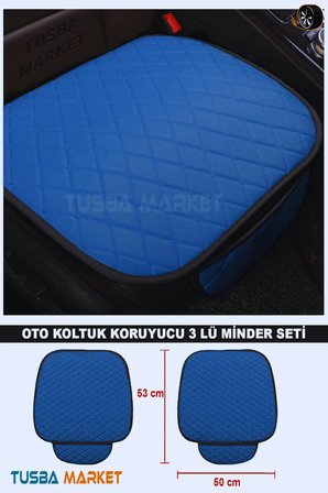 Otomobil Koltuk Koruyucu Cepli Üçlü Minder Seti / Lüks Kapitone Mavi Deri Ön-Arka Oto Koltuk Minder