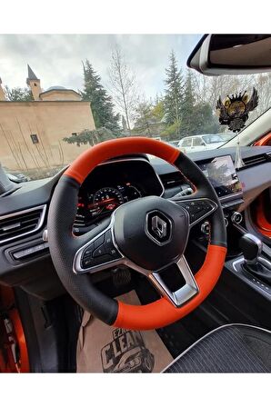 Renault Clio 5 Araca Özel Deri Direksiyon Kılıfı(TURUNCU-SİYAH)