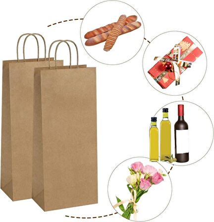 Roco Paper Kraft Şişe Poşeti – Hediye Kağıt Şişe Çantası –25 Adet– 17x38x7 cm