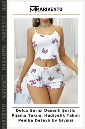 Delux Serisi Desenli Şortlu Pijama Takımı Hediyelik Takım Pembe Detaylı Ev Giysisi