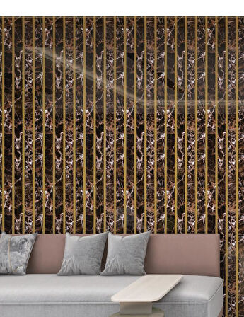 120cmx300cm Tek Parça Yapışkanlı Rulo Gold Çizgili Mermer Desenli Duvar Paneli Kağıdı Beykent QM0134