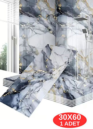 Shiny Blue Gold Mermer Desenli 60x30cm Yapışkanlı Mutfak Banyo Kaplama Duvar Paneli Kağıdı TX-035