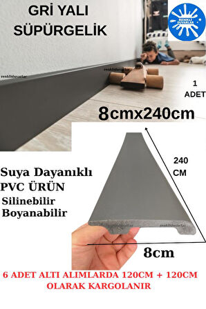 8cmx240cm 1 Adet PVC Yalı Gri Süpürgelik Suya Neme Dayanıklı Parke Seramik Salon Mutfak Süpürgeliği