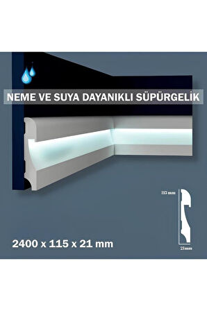 11.5cm x 240cm Polimer Lake Beyaz Ledli Süpürgelik Salon Ev Ofis Koridor Çıta Parke Süpürgelik