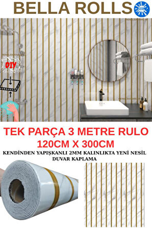 120cmx300cm Tek Parça Yapışkanlı Rulo Gold Çizgili Mermer Desenli Duvar Paneli Kağıdı QM0136
