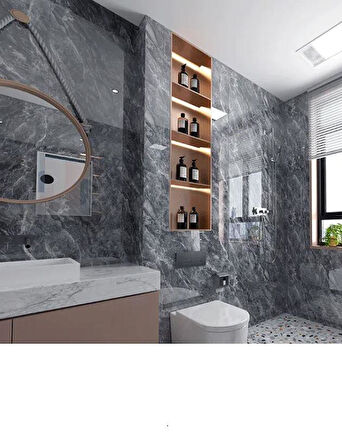 Yapışkanlı 1 Adet 30x60cm Antrasit Gri Mermer Desenli Esnek Banyo Wc Duvar Paneli Kağıdı BS8041-B