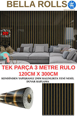 120cmx300cm Tek Parça Yapışkanlı Rulo Gold Çizgili Düz Parlak Siyah Duvar Paneli Kağıdı Şile QM0132