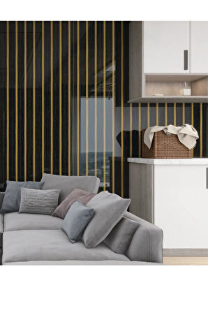 120cmx300cm Tek Parça Yapışkanlı Rulo Gold Çizgili Düz Parlak Siyah Duvar Paneli Kağıdı Şile QM0132