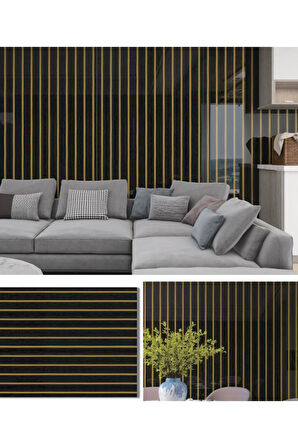 120cmx300cm Tek Parça Yapışkanlı Rulo Gold Çizgili Düz Parlak Siyah Duvar Paneli Kağıdı Şile QM0132