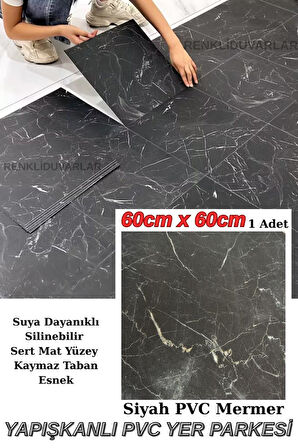 60cmx60cm Siyah Mermer Desenli Pvc-Lvt Yapışkanlı Yer Kaplama Paneli Kauçuklu Floor Banyo WC S74P