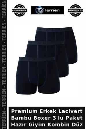 Premium Erkek Lacivert Bambu Boxer 3'lü Paket Hazır Giyim Kombin Düz