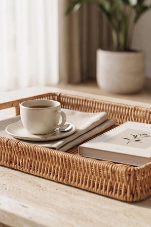 Rattan Dokulu Geniş Tepsi, Modern Boho Sehpa Organizeri ve Servis Tablası, Kahve Sunumluğu, Organizer, 40 cm