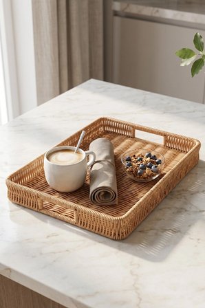 Rattan Dokulu Geniş Tepsi, Modern Boho Sehpa Organizeri ve Servis Tablası, Kahve Sunumluğu, Organizer, 40 cm