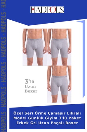 Özel Seri Örme Çamaşır Likralı Model Günlük Giyim 3'lü Paket Erkek Gri Uzun Paçalı Boxer