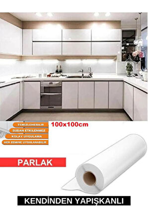 Parlak Beyaz 100x100cm Yapışkanlı Folyo Mutfak Dolap Ve Mobilya Kaplama Folyosu