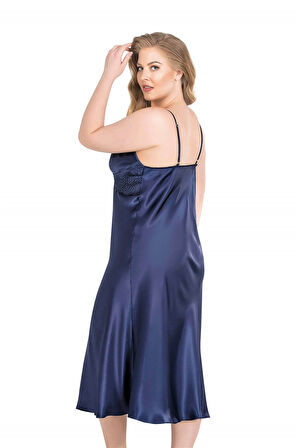 Büyük Beden Lacivert Uzun İkili Saten Sabahlık Gecelik Takımı