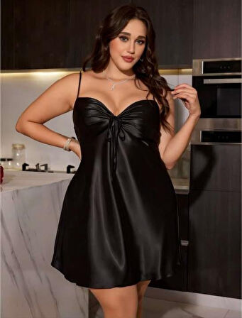 Büyük Beden Siyah Saten Gecelik