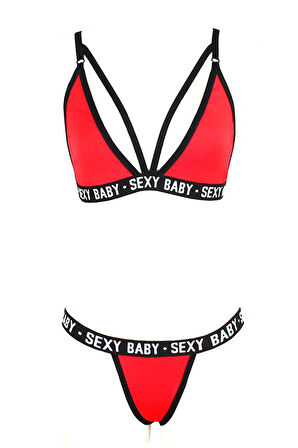 Kadın Siyah Yazı Detaylı Ipli Sütyen Takımı