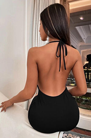 Siyah Boyundan Bağlamalı Sırt Dekolteli Mini Club Elbisesi