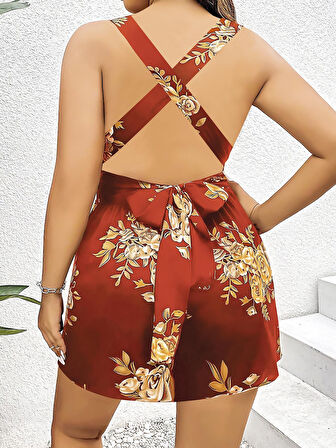 Büyük Beden Kahverengi Üstüne Çiçek Desenli Sırt Detaylı Elbise