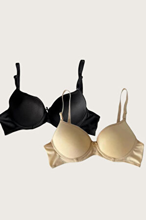 Siyah-ten 2'li Mikro Kumaş Push Up Dolgulu Balenli Günlük Destekli Sütyen