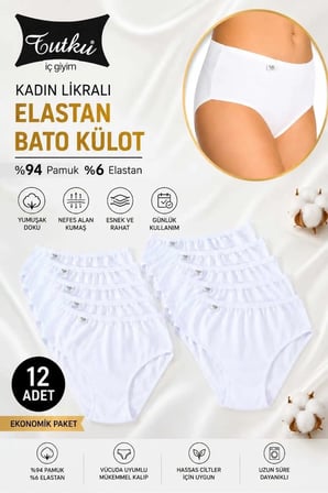 Kadın Siyah 12'li Paket Pamuklu Likralı Elastan Bato Külot - Ekonomik Paket