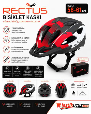 BİSİKLET KASKI (KIRMIZI SİYAH BEYAZ YETİŞKİN VİZÖRLÜ LED IŞIKLI BEDEN 58/61)
