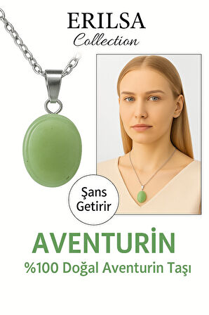 Sertifikalı AAA+ Oval Aventurin Taşı Doğal Taş Kolye - Gümüş Aparatlı Şans ve Bolluk Getirir