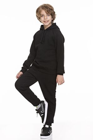 Reglan Kol Kapüşonlu İçi Polarlı Unisex Çocuk Takım Siyah