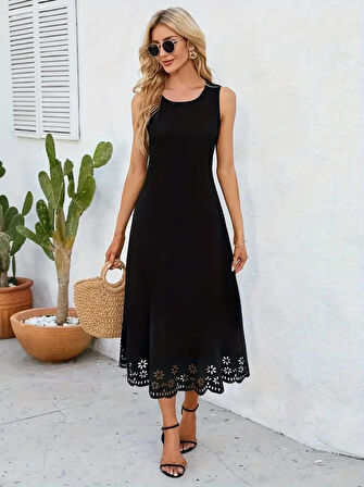 Reka Moda Kadın Kolsuz Etek Ucu Lazer Kesim çiçek Desenli Midi Boy Janjan Krep Elbise