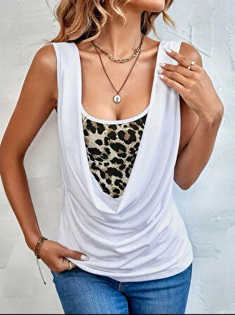 Reka Moda Kadın Kolsuz Degaje Leopar Detay Bluz