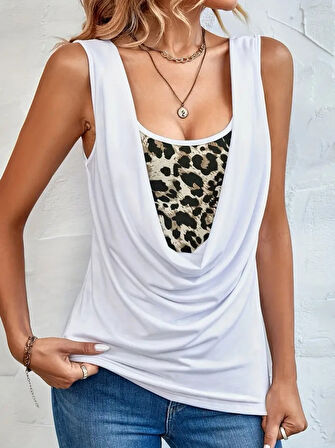 Reka Moda Kadın Kolsuz Degaje Leopar Detay Bluz