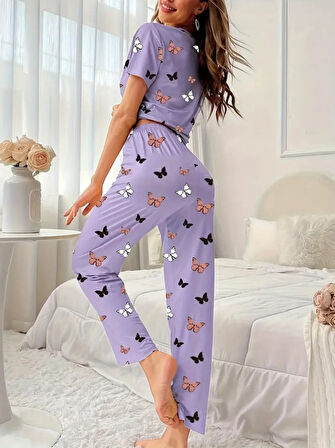 Reka Moda Kadın Kısa Kollu Bisiklet Yaka Kelebek Baskılı Süprem Ikili Takım