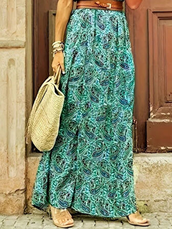 Reka Moda Kadın Kısa Kollu V Yaka Etnik Desenli Yırtmaç Detay Süprem Elbise (kemersiz)