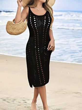 Reka Moda Kadın Kolsuz Askılı Yan Yırtmaç Detay Triko Midi Boy Elbise